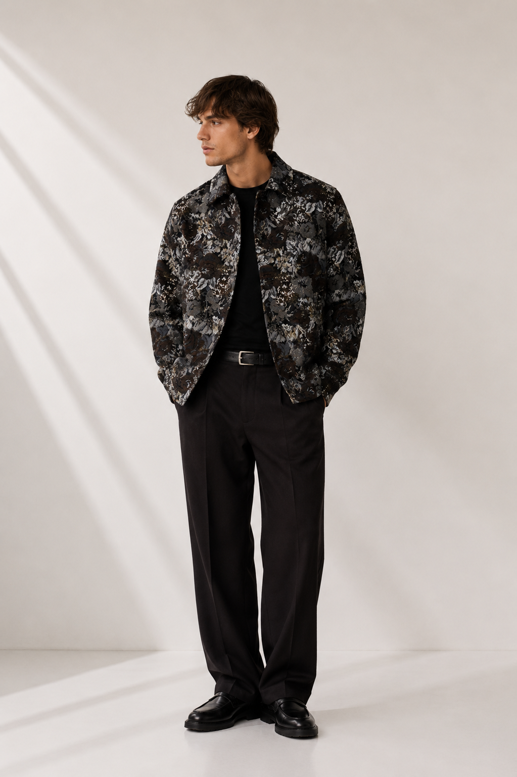 Les Deux - Jacquard-Overshirt mit floralem Muster in Braun & Grau