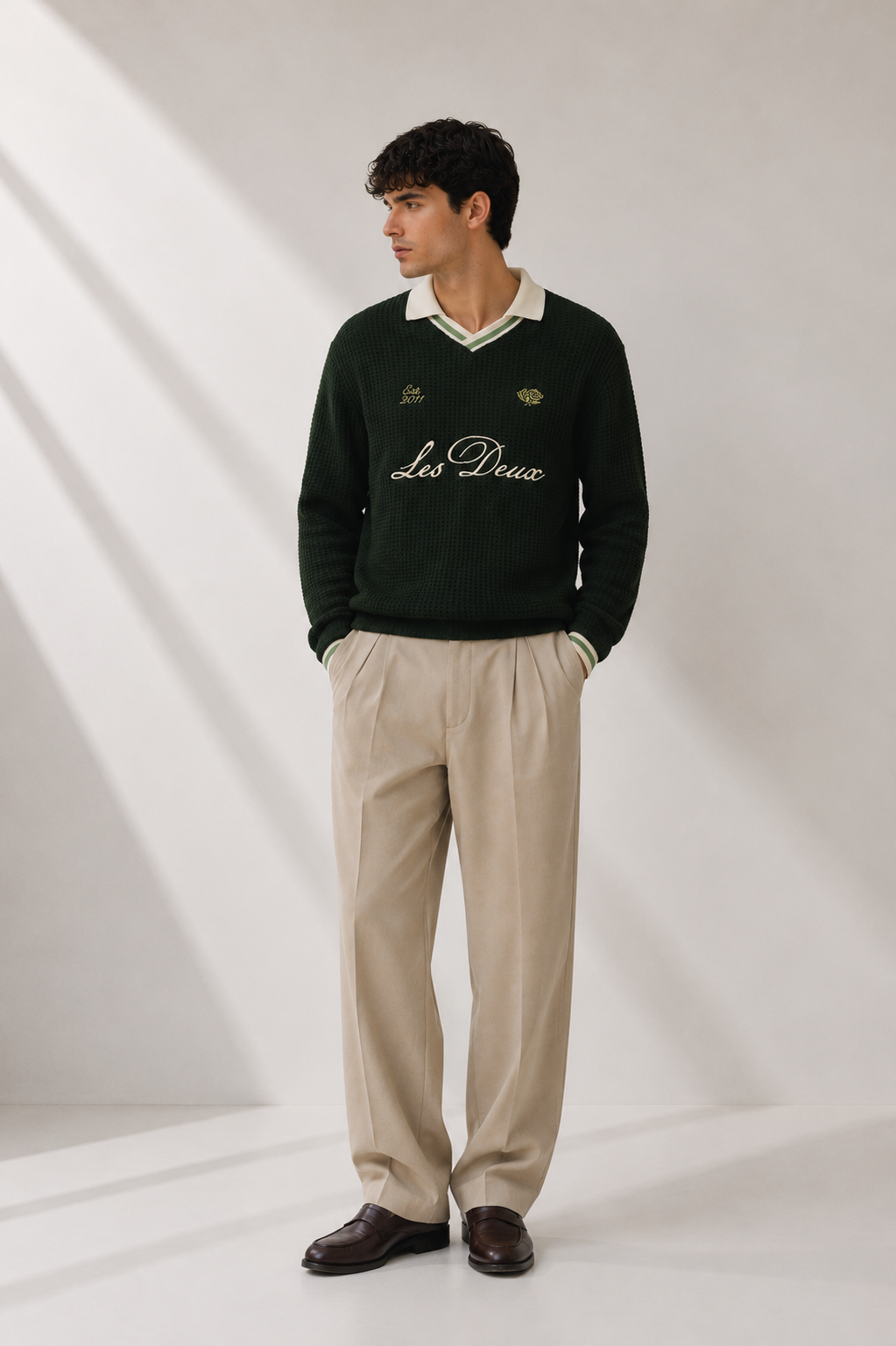 Les Deux - Loose-Fit Langarmshirt im Rugby-Look in Dunkelgrün