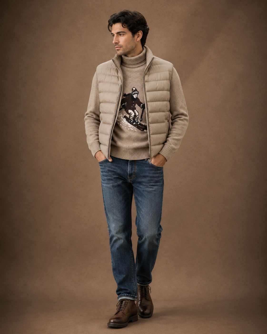 Bugatti - Grobstrick Rollkragenpullover mit Ski-Motiv
