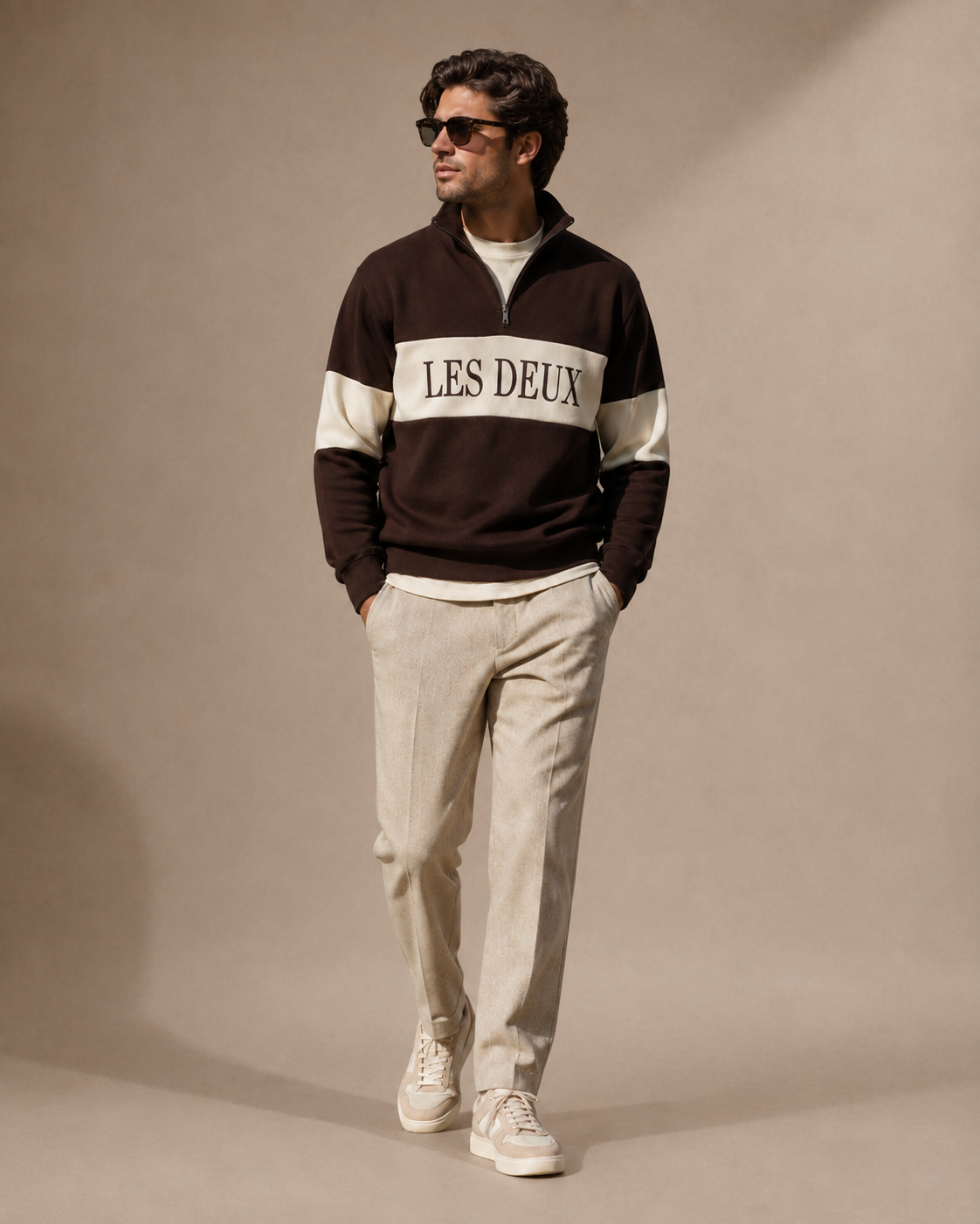 Les Deux - Half-Zip Sweatshirt mit Polokragen in Dunkelbraun