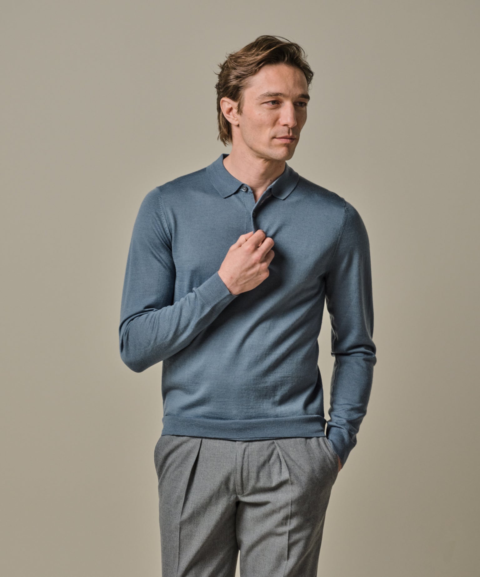 Profuomo - Edles Merino Strick-Poloshirt in Hellblau