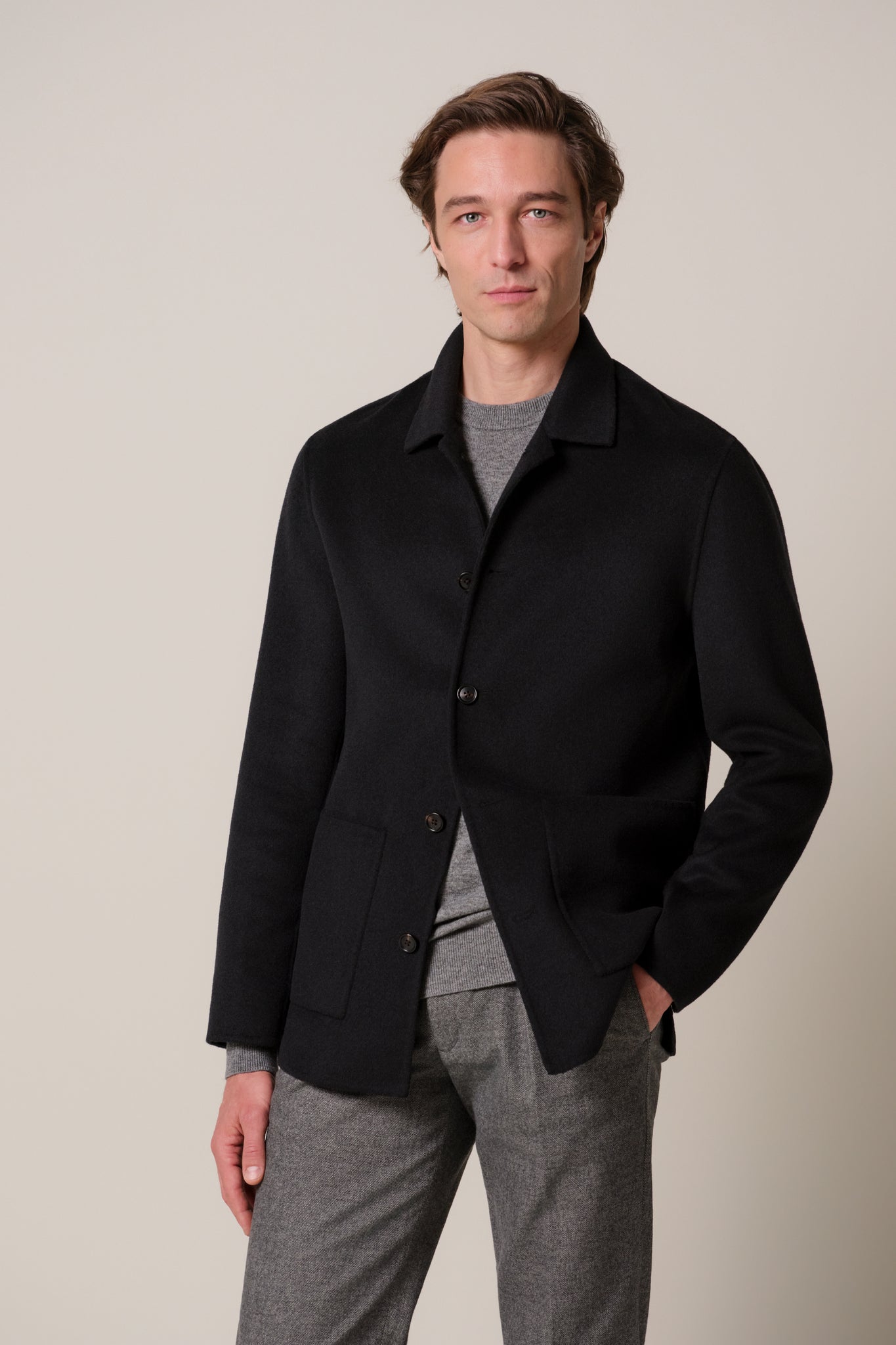 Profuomo - Woll-Overshirt in Schwarz mit aufgesetzten Taschen
