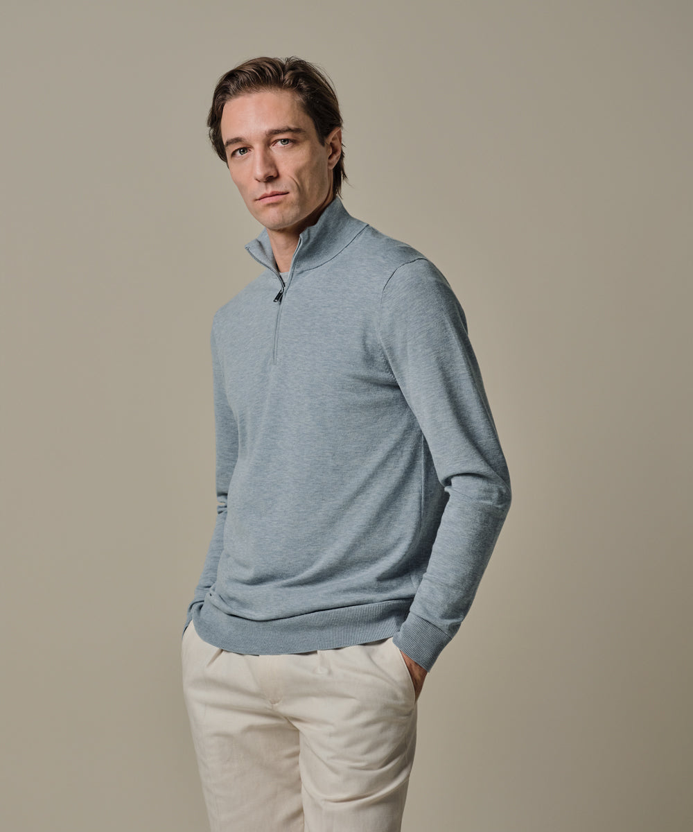 Profuomo - Feiner Strickpullover mit Half-Zip in zartem Hellblau