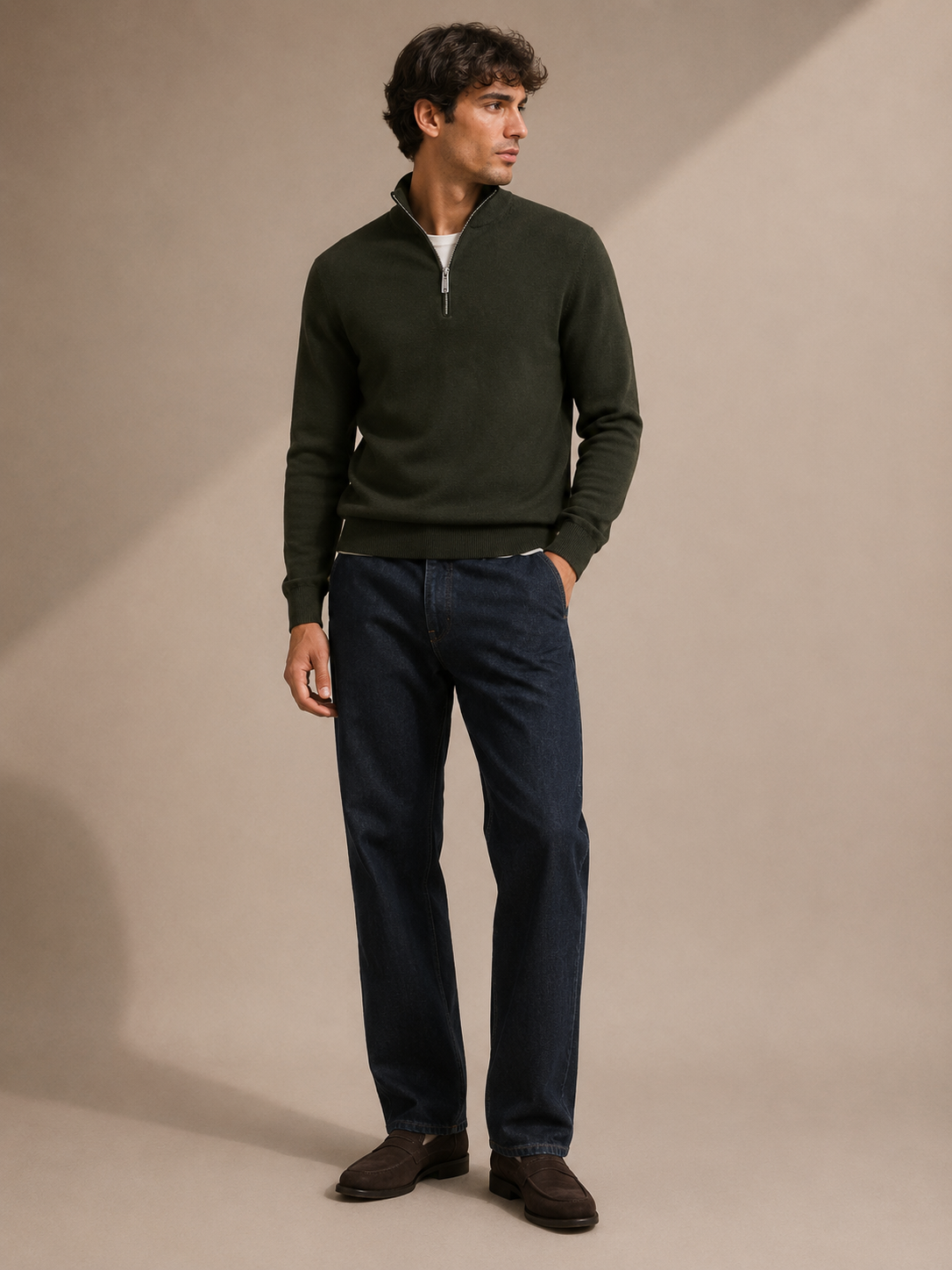 Profuomo - Feiner Strickpullover mit Half-Zip in Dunkelgrün
