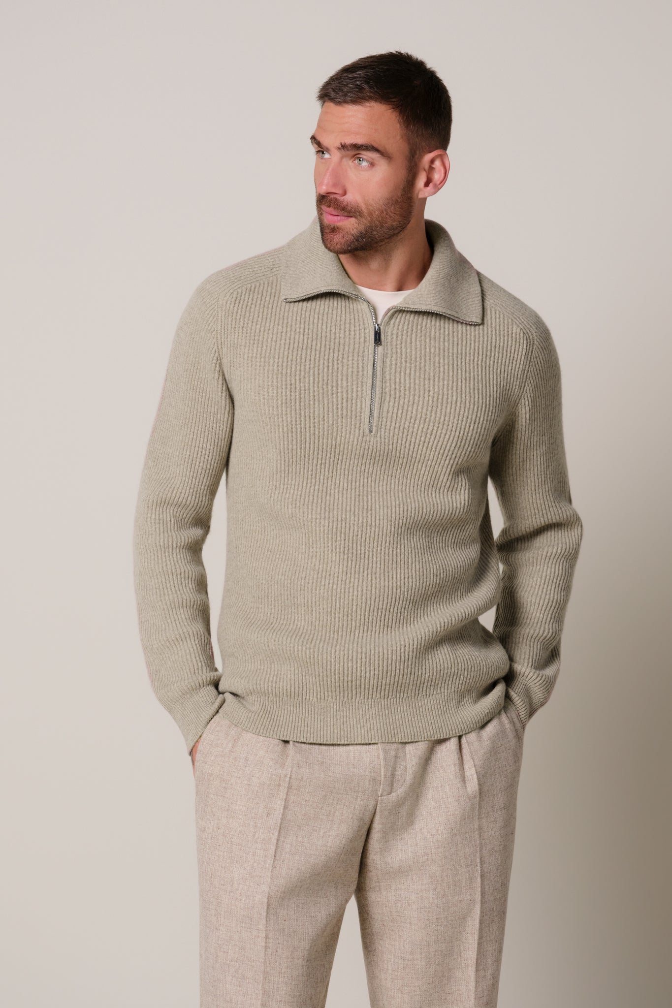 Profuomo - Half-Zip Wollpullover in Beige
