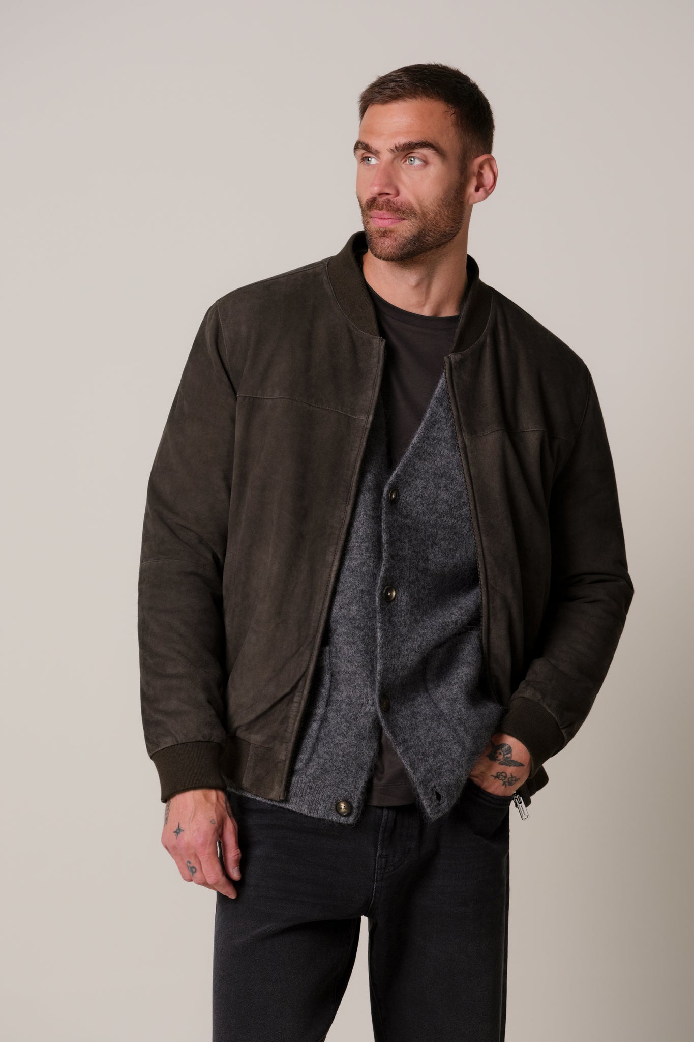 Profuomo - Veloursleder-Blouson in Dunkelbraun mit Strickbündchen
