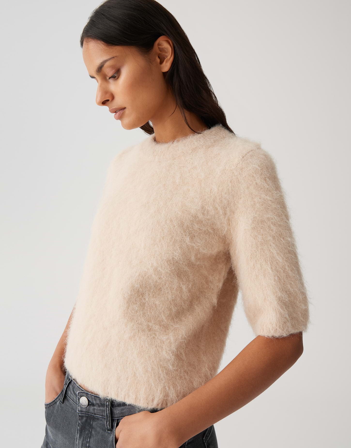 Opus - Haariger Kurzarmpulover mit Wollanteil - Plaush