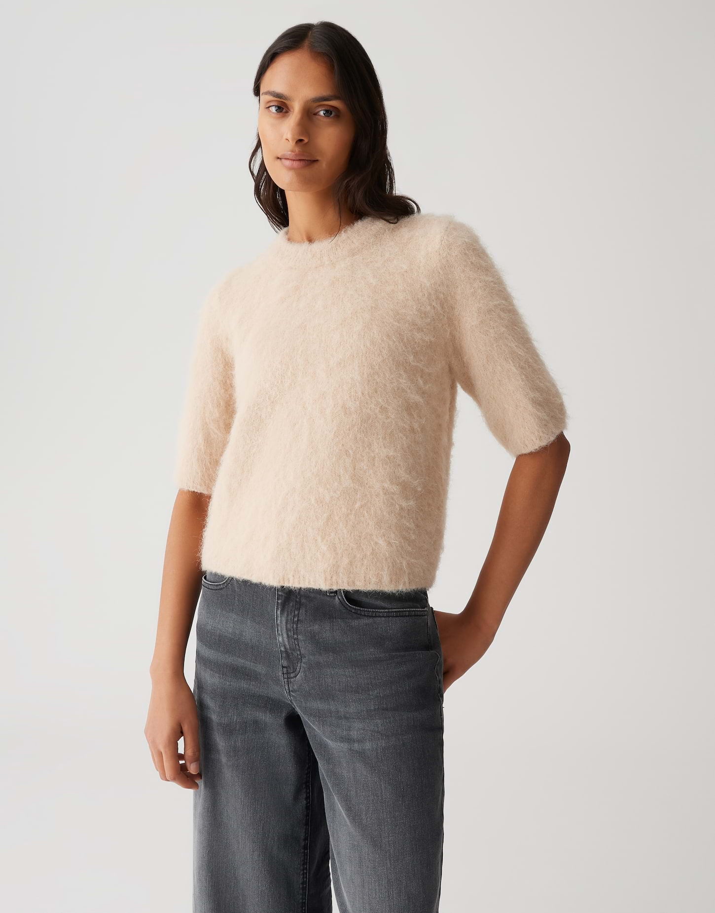 Opus - Haariger Kurzarmpulover mit Wollanteil - Plaush